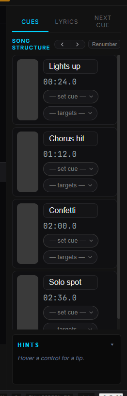 The cue column: every cue with the timecode it fires on.