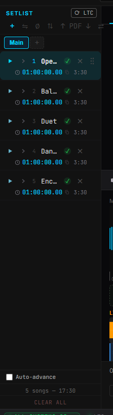 The setlist — every song with its start timecode and length.