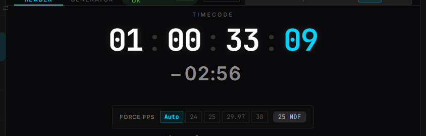 The timecode reading, its source, and the frame rate LTCast detected.