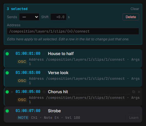 The trigger list with three triggers selected and a batch bar above them showing output type, timing shift and a shared OSC address.