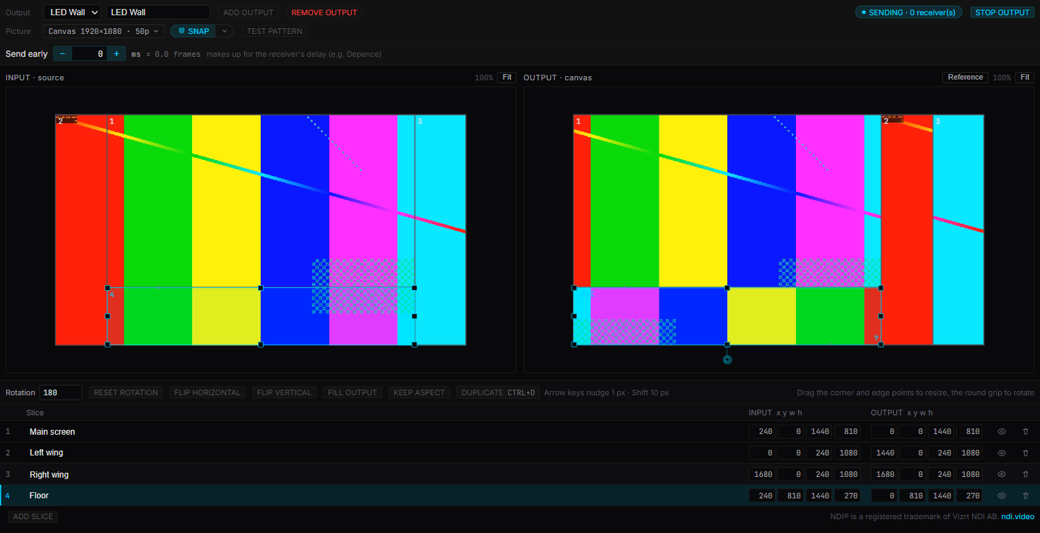 The NDI output editor: the source video with four slices marked on it, and the output canvas with the same slices packed side by side.