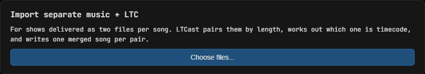 The import dialog before any files are chosen, with a Choose files button.