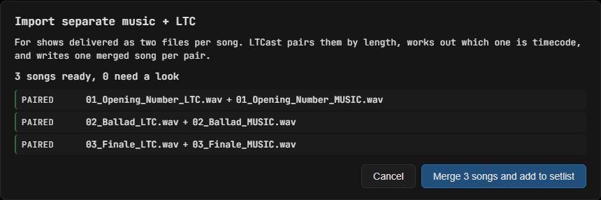 The separate-import dialog showing three songs, each pairing a music file with its timecode file.