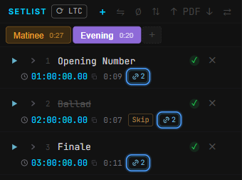 The setlist with two list tabs, Matinee in orange and Evening in purple, each showing its running time. Every song has a chain badge with the number of places it appears in, and the ballad is greyed out with a Skip badge.