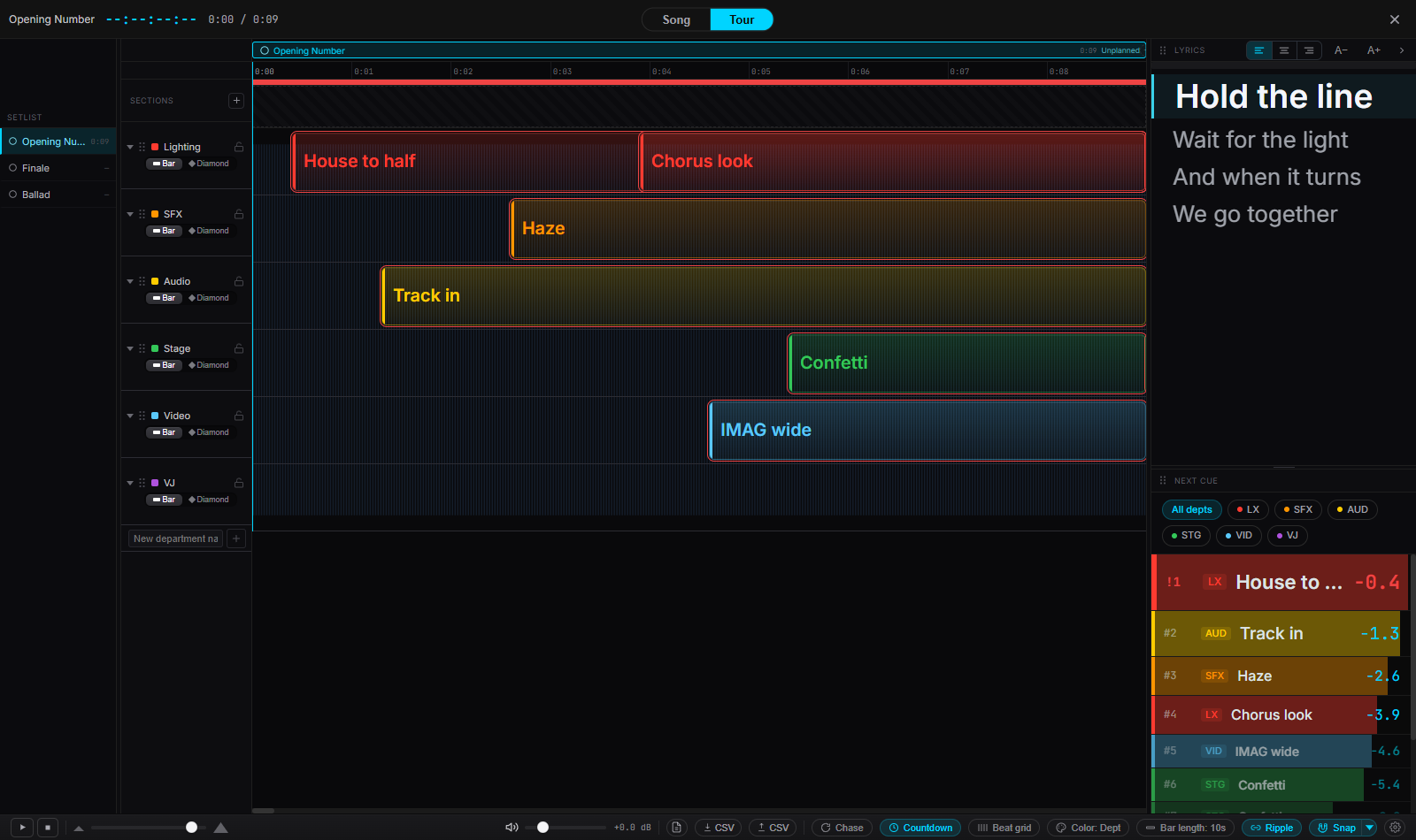 The Tour view: cue bars colour-coded onto Lighting, SFX, Audio, Stage and Video lanes, with the lyric column and the NEXT CUE countdown column down the right side.